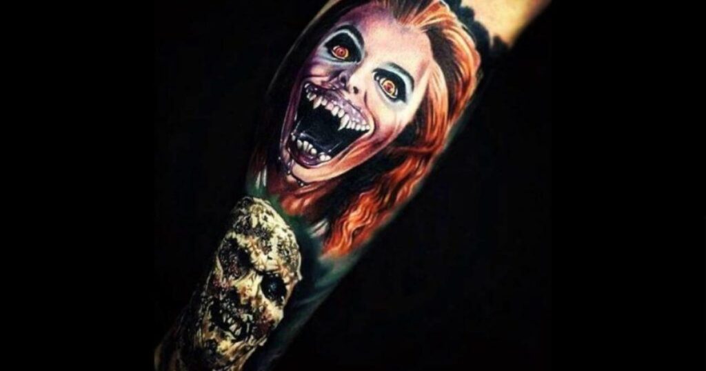Realistic Chucky Sleeve Tattoo